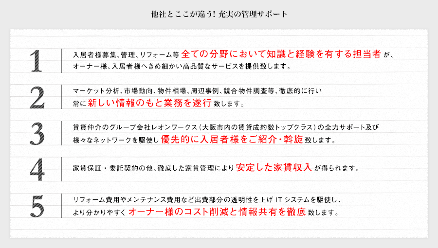 他社とここが違う！充実の管理サポート - 1.入居者様募集、管理、リフォーム等全ての分野において知識と経験を有する担当者が、オーナー様、入居者様へきめ細かい高品質なサービスを提供致します。　2.マーケット分析、市場動向、物件相場、周辺事例、競合物件調査等、徹底的に行い常に新しい情報のもと業務を遂行致します。　3.賃貸仲介のグループ会社レオンワークス（大阪市内の賃貸成約数トップクラス）の全力サポート及び様々なネットワークを駆使し優先的に入居者様をご紹介・斡旋致します。　4.家賃保証・委託契約の他、徹底した家賃管理により安定・確実な家賃収入が得られます。　5.リフォーム代やメンテナンス代など出費部分の透明性を上げITシステムを駆使し、より分かりやすくオーナー様のコスト削減と情報共有を徹底致します。